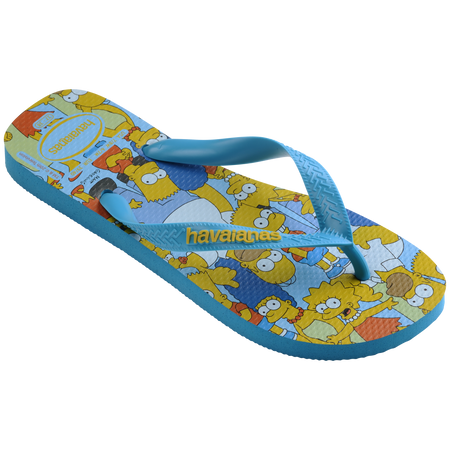 Men's multicolor The Simpsons flip flops with light blue strap and sole 3/4 view