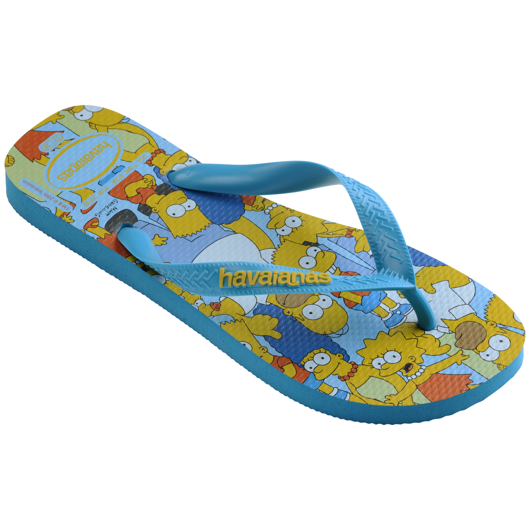 Men's multicolor The Simpsons flip flops with light blue strap and sole 3/4 view