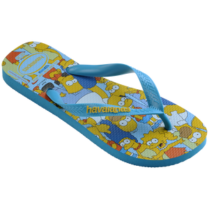 Men's multicolor The Simpsons flip flops with light blue strap and sole 3/4 view