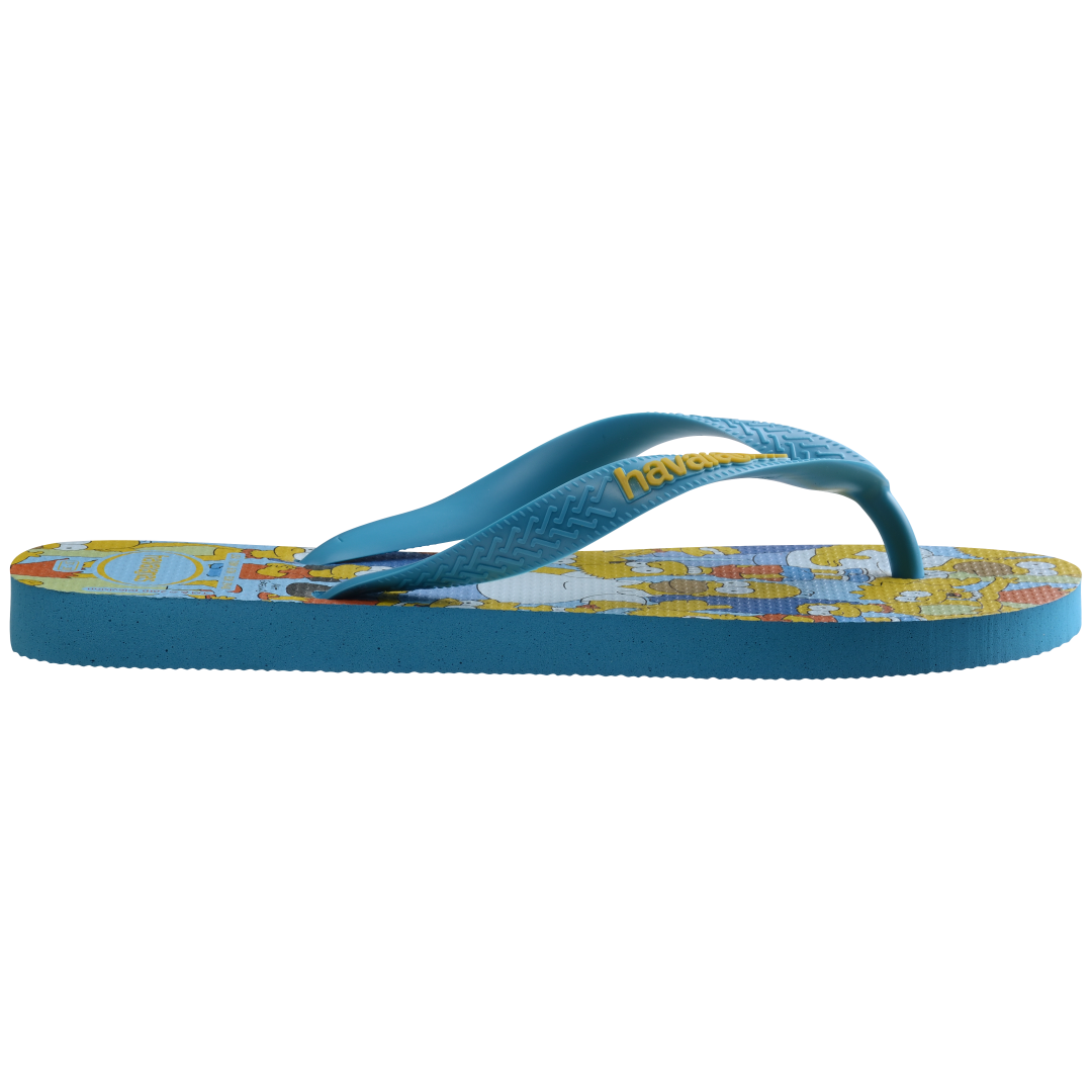 Men's multicolor The Simpsons flip flops with light blue strap and sole side view