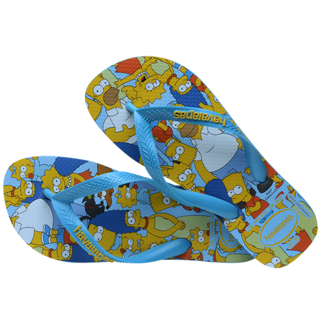 Men's multicolor The Simpsons flip flops with light blue strap and sole alternate top view