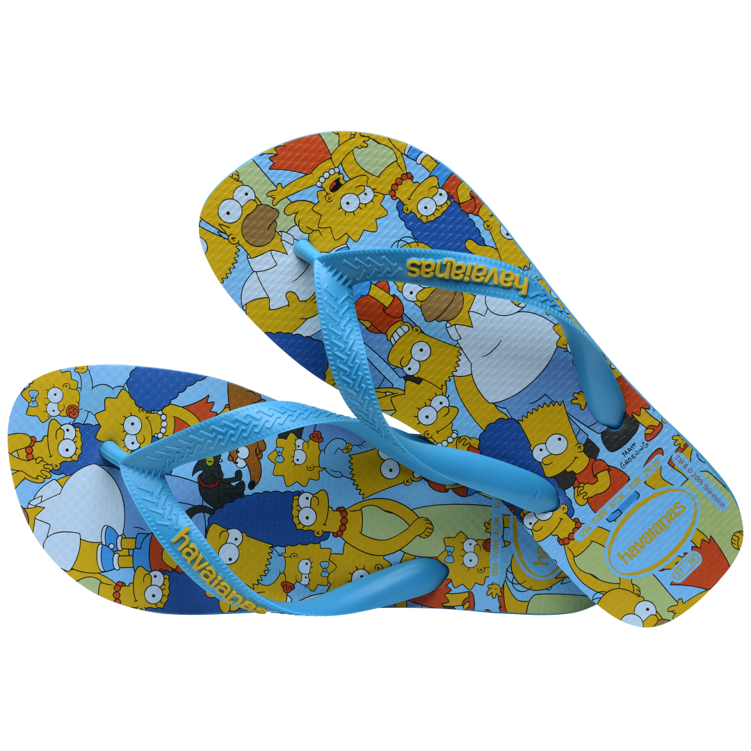 Men's multicolor The Simpsons flip flops with light blue strap and sole alternate top view