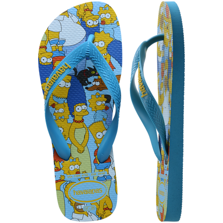 Men's multicolor The Simpsons flip flops with light blue strap and sole top and side view