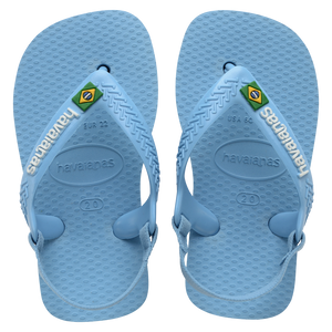 Blue baby flip flops with backstrap and Brazillian flag on strap, top view