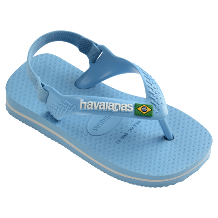 Blue baby flip flops with backstrap and Brazillian flag on strap, front-right view