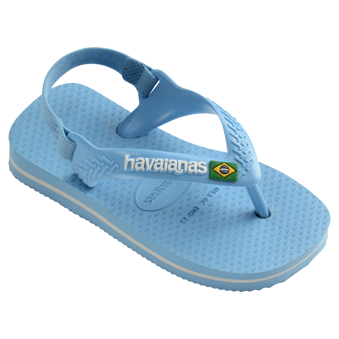 Blue baby flip flops with backstrap and Brazillian flag on strap, front-right view