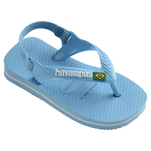 Blue baby flip flops with backstrap and Brazillian flag on strap, front-right view