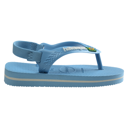 Blue baby flip flops with backstrap and Brazillian flag on strap, side view