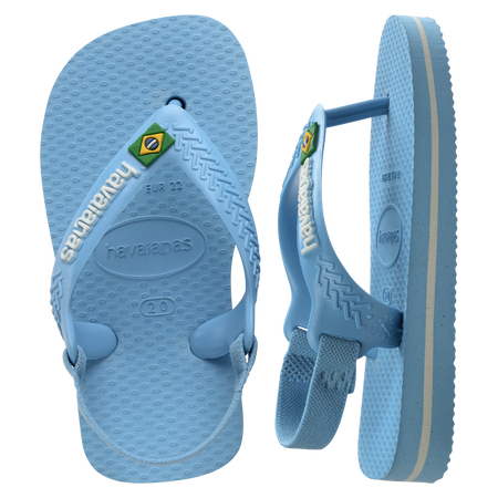 Blue baby flip flops with backstrap and Brazillian flag on strap, one flip flop top view, one flip flop side view