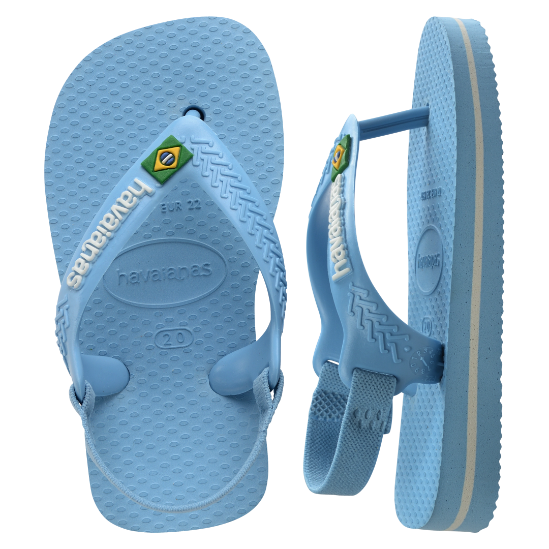 Blue baby flip flops with backstrap and Brazillian flag on strap, one flip flop top view, one flip flop side view