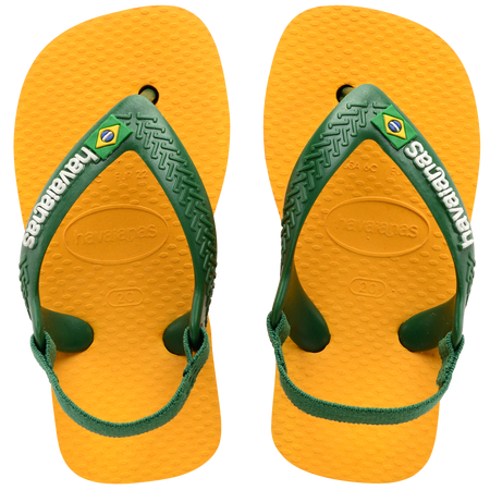 yellow flip flops with green heel straps featuring a brazil flag, top view