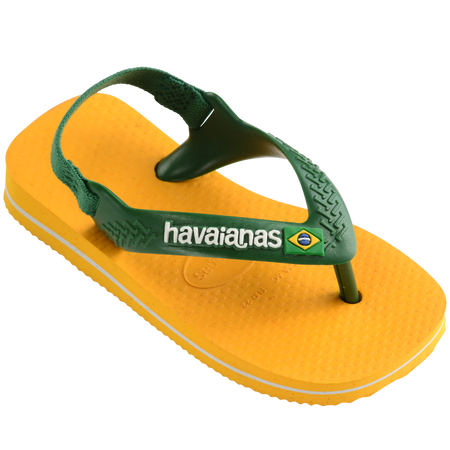 yellow flip flops with green heel straps featuring a brazil flag, front right view