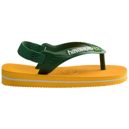 yellow flip flops with green heel straps featuring a brazil flag, side view