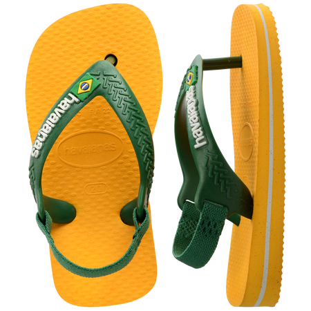 yellow flip flops with green heel straps featuring a brazil flag, one shoe top view one shoe side view