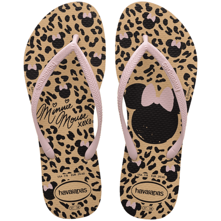 Women's tan and black animal print Disney's Minnie Mouse x Havaianas flip flops with light pink straps top view