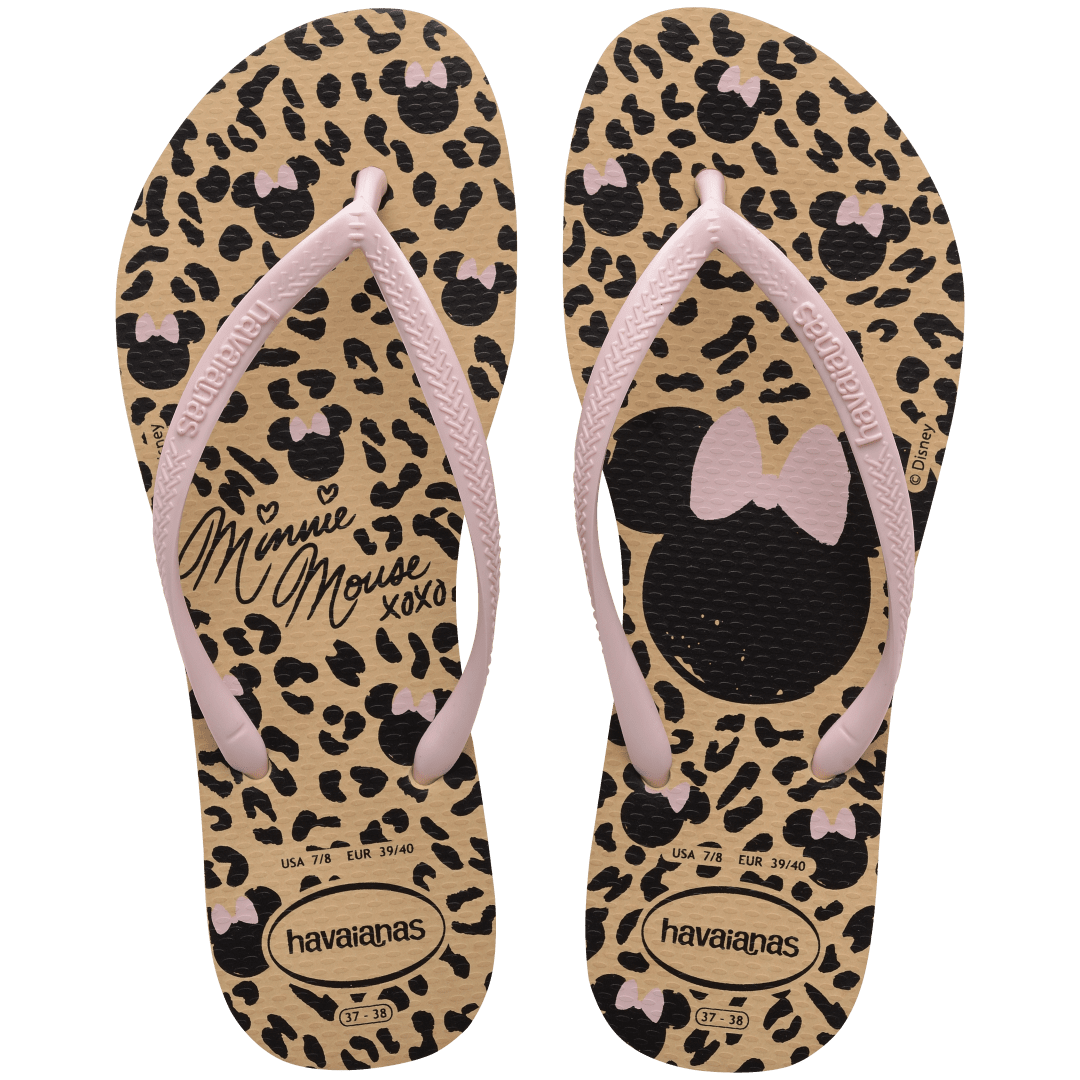 Women's tan and black animal print Disney's Minnie Mouse x Havaianas flip flops with light pink straps top view