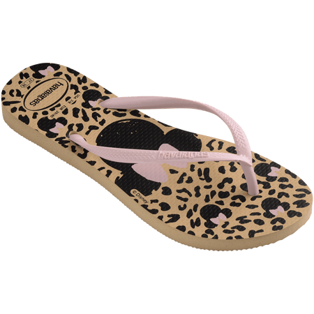 Women's tan and black animal print Disney's Minnie Mouse x Havaianas flip flops with light pink straps 3/4 side view