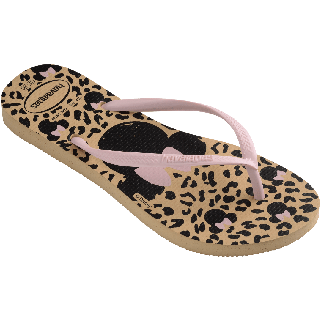 Women's tan and black animal print Disney's Minnie Mouse x Havaianas flip flops with light pink straps 3/4 side view