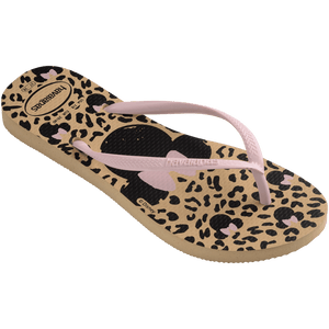 Women's tan and black animal print Disney's Minnie Mouse x Havaianas flip flops with light pink straps 3/4 side view