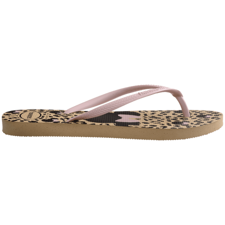 Women's tan and black animal print Disney's Minnie Mouse x Havaianas flip flops with light pink straps side view