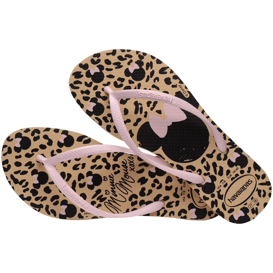 Women's tan and black animal print Disney's Minnie Mouse x Havaianas flip flops with light pink straps alternate top view