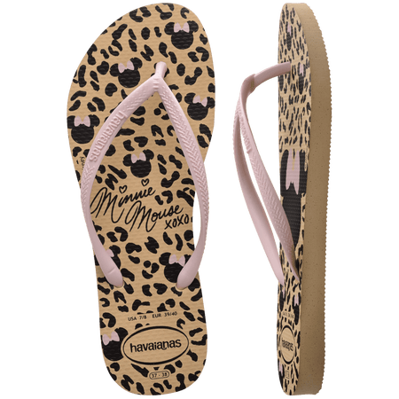 Women's tan and black animal print Disney's Minnie Mouse x Havaianas flip flops with light pink straps top and side view