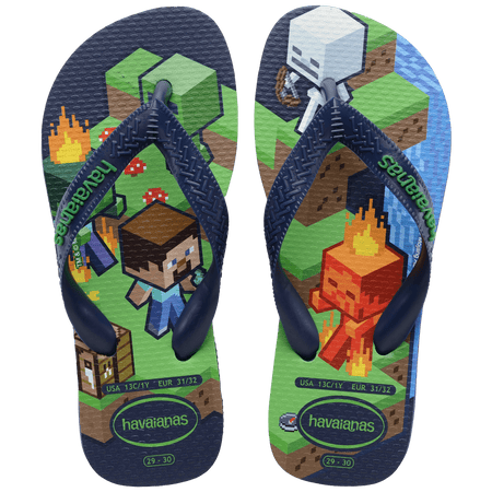 Minecraft people on a grass and water background that is blue, green, and with some flames, with navy blue straps and havaianas written in green, top view