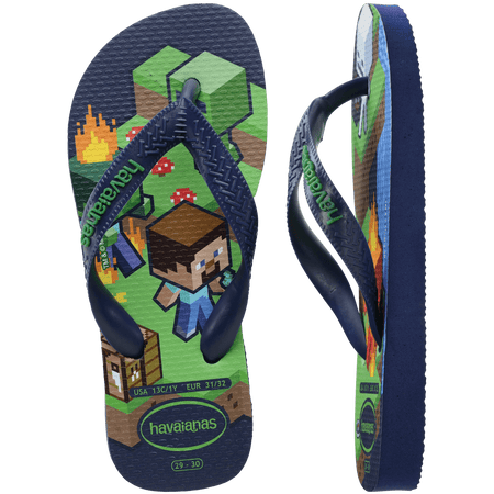 Minecraft people on a grass and water background that is blue, green, and with some flames, with navy blue straps and havaianas written in green, top view and one shoe side view