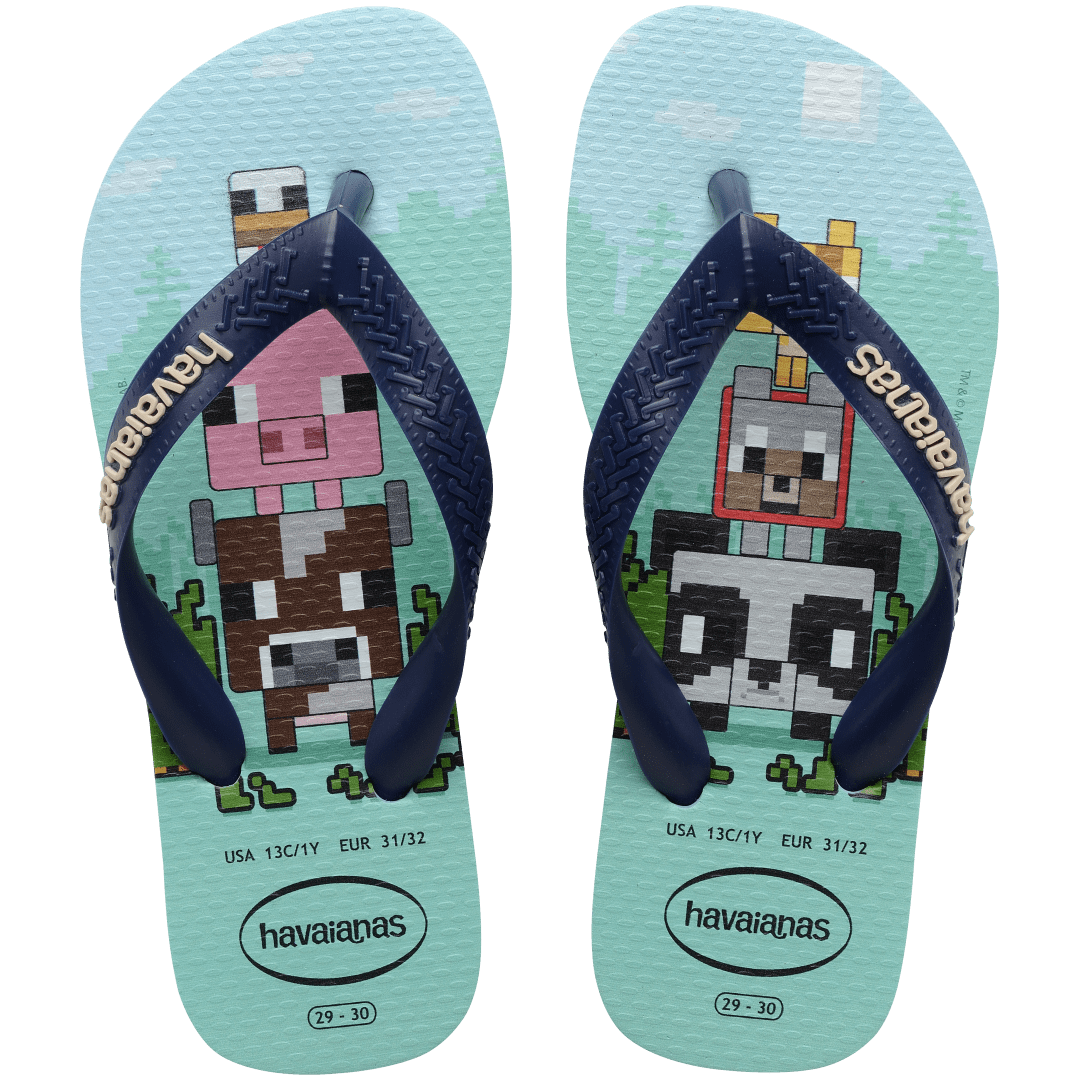 Kids' multicolor Minecraft flip flop with navy strap top view