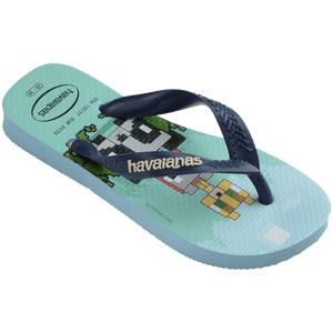 Kids' multicolor Minecraft flip flop with navy strap 3/4 side view