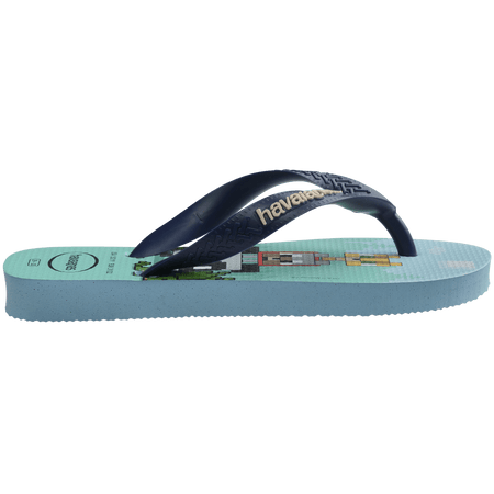 Kids' multicolor Minecraft flip flop with navy strap side view