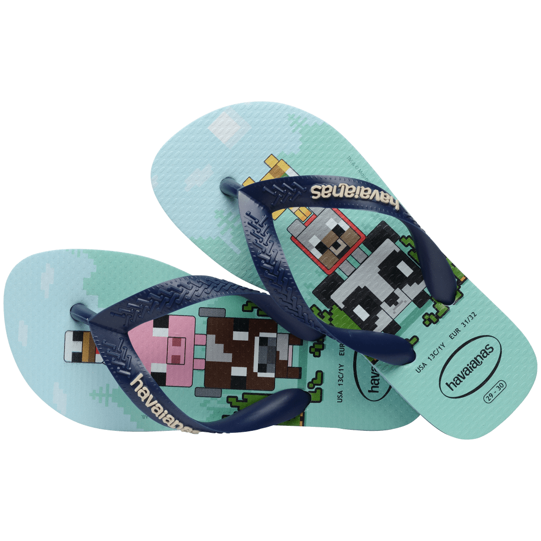 Kids' multicolor Minecraft flip flop with navy strap alternate top view