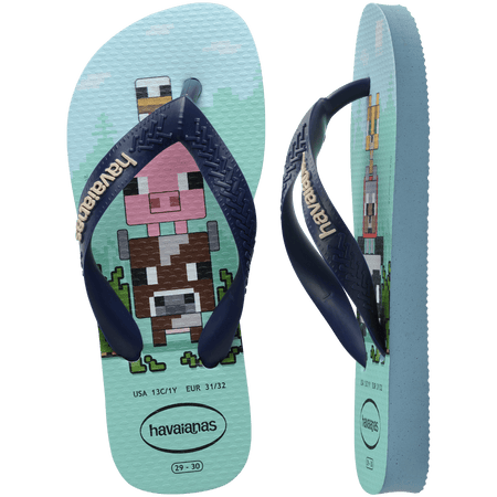 Kids' multicolor Minecraft flip flop with navy strap top and side view