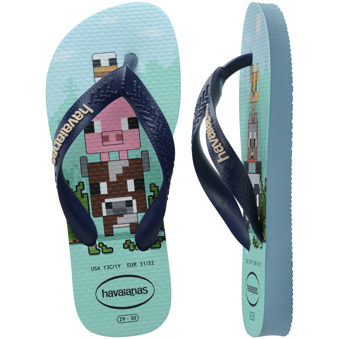 Kids' multicolor Minecraft flip flop with navy strap top and side view