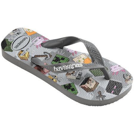 Flip flops with Minecraft blocks on a grey background, mix of green, yellow, pink, blocks and grey straps, front right view