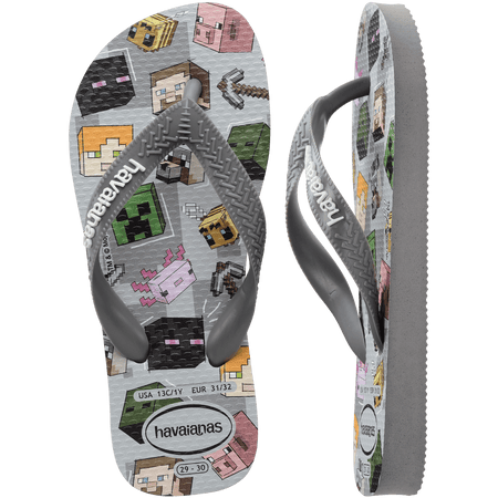 Flip flops with Minecraft blocks on a grey background, mix of green, yellow, pink, blocks and grey straps, one top view one side view