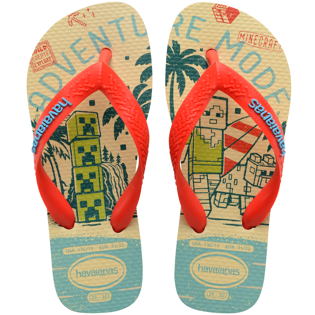 Kids' multicolor Minecraft flip flops with red contrast strap top view