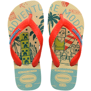 Kids' multicolor Minecraft flip flops with red contrast strap top view