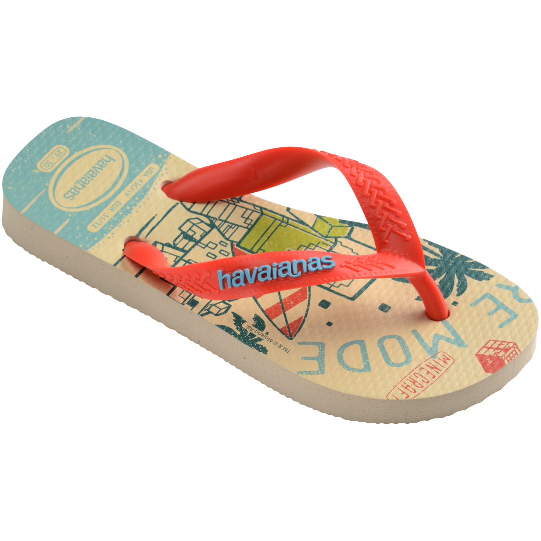 Kids' multicolor Minecraft flip flops with red contrast strap 3/4 side view