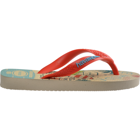 Kids' multicolor Minecraft flip flops with red contrast strap side view