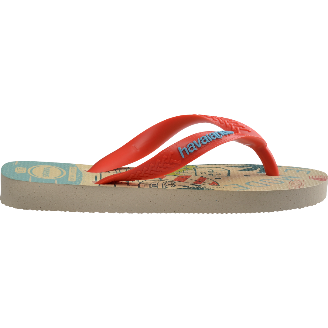 Kids' multicolor Minecraft flip flops with red contrast strap side view