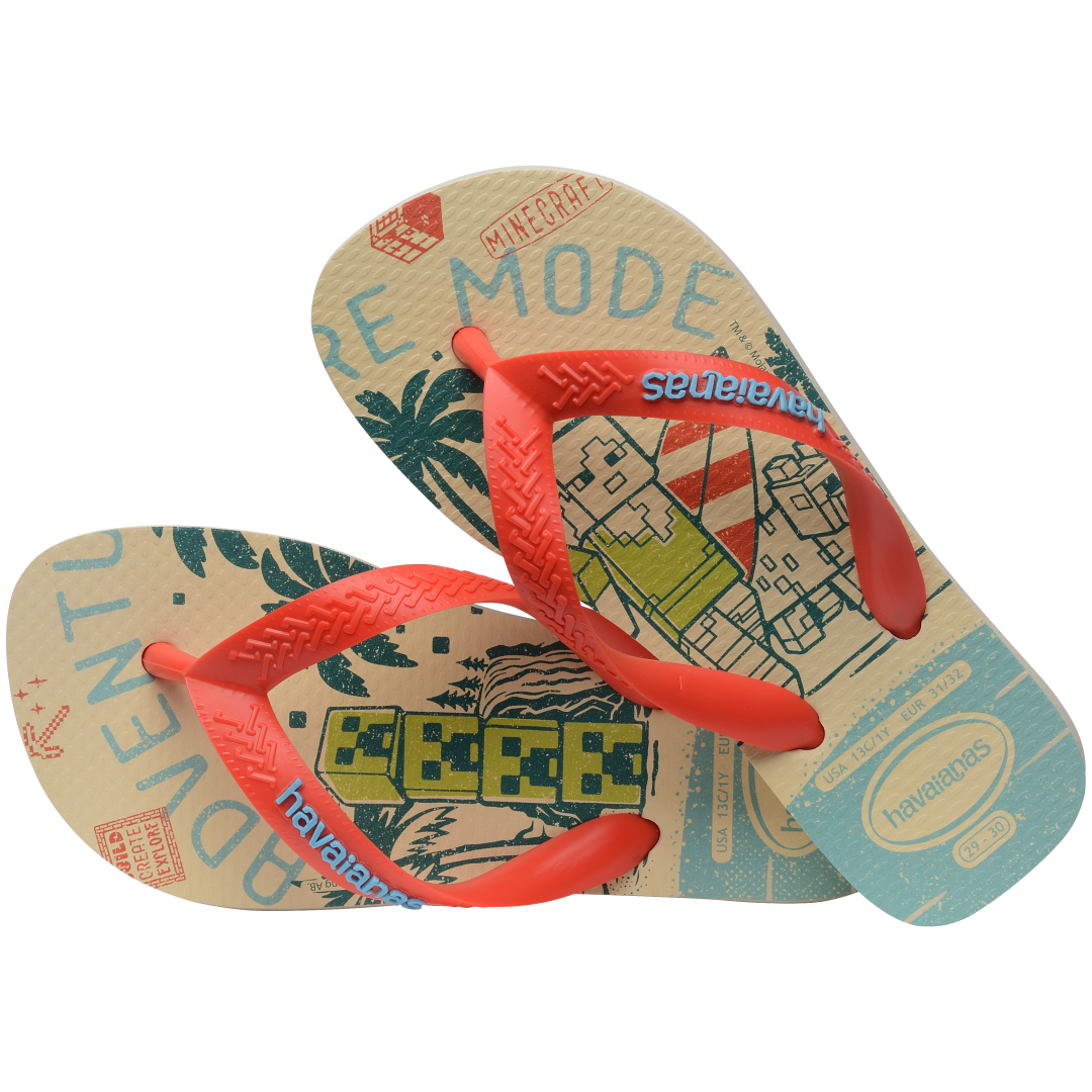 Kids' multicolor Minecraft flip flops with red contrast strap alternate top view