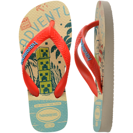 Kids' multicolor Minecraft flip flops with red contrast strap top and side view