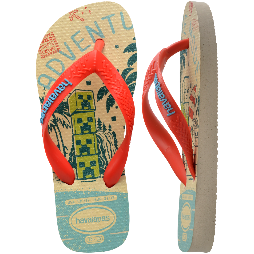 Kids' multicolor Minecraft flip flops with red contrast strap top and side view