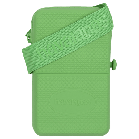 Lime green cross-body bag with pocket and logo strap detail view