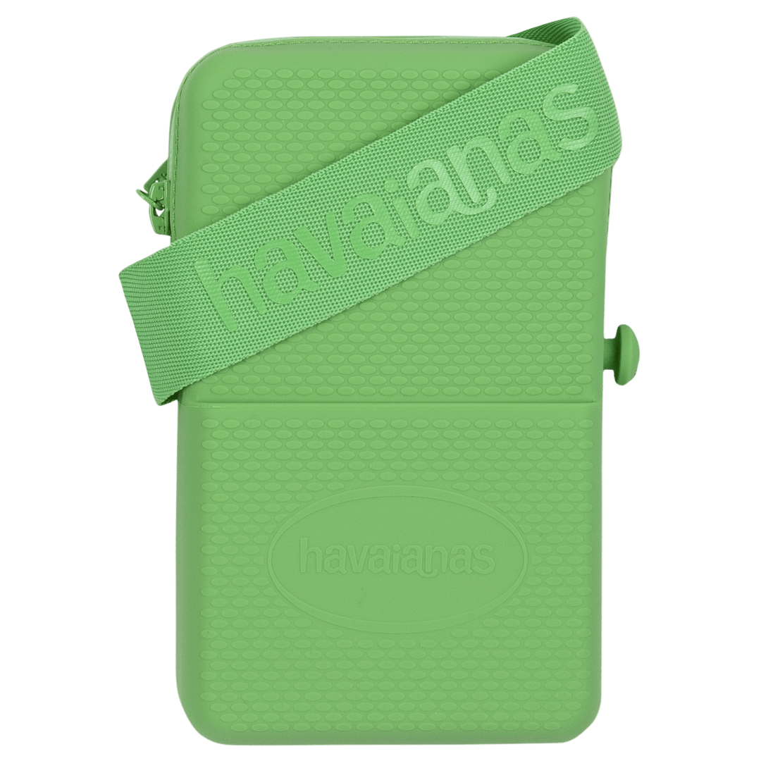 Lime green cross-body bag with pocket and logo strap detail view