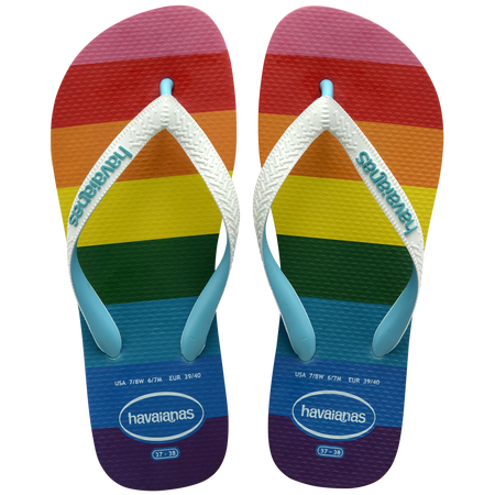 Rainbow stripe flip flops with white straps top view