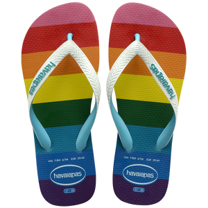 Rainbow stripe flip flops with white straps top view