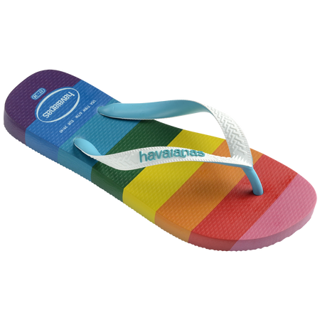 Rainbow stripe flip flops with white straps right 3/4 view