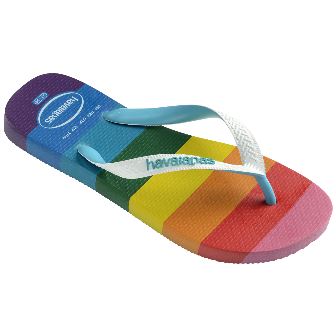 Rainbow stripe flip flops with white straps right 3/4 view